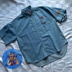 Hard Rock Cafe Vintage Light Blue Denim Casual Button Up T-Shirt